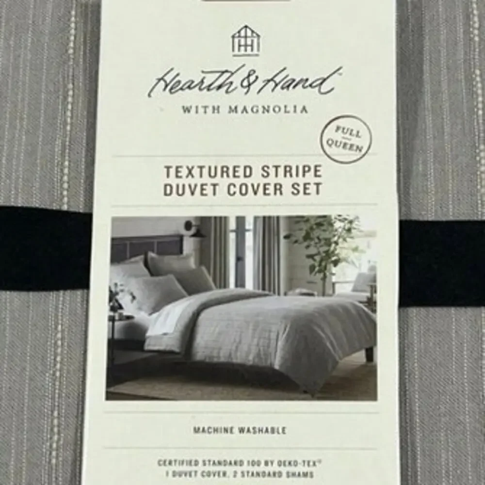 Hearth & Hand Magnolia Textured Stipe Loop F/Q Duvet Cover Set Gray new #92726